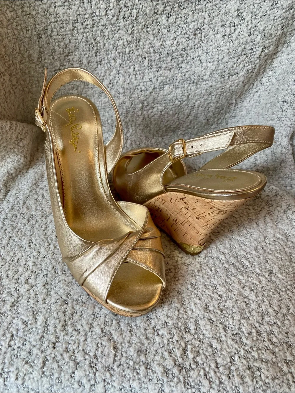 Lily Pulitzer Metallic Gold Wedge Slingback Heels - Women Shoes